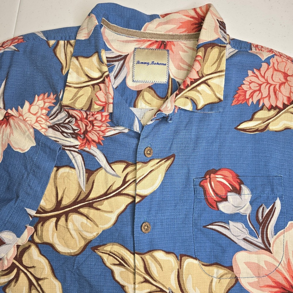 TOMMY BAHAMA Men's Large Blue Pink Floral‎ AOP Short Sleeve Silk Shirt -1296